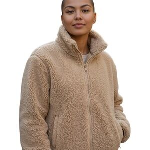 Cozy Teddy Sherpa Zip-Up Jacket Beige Fuzzy Fleece Coat Gorpcore Winter L